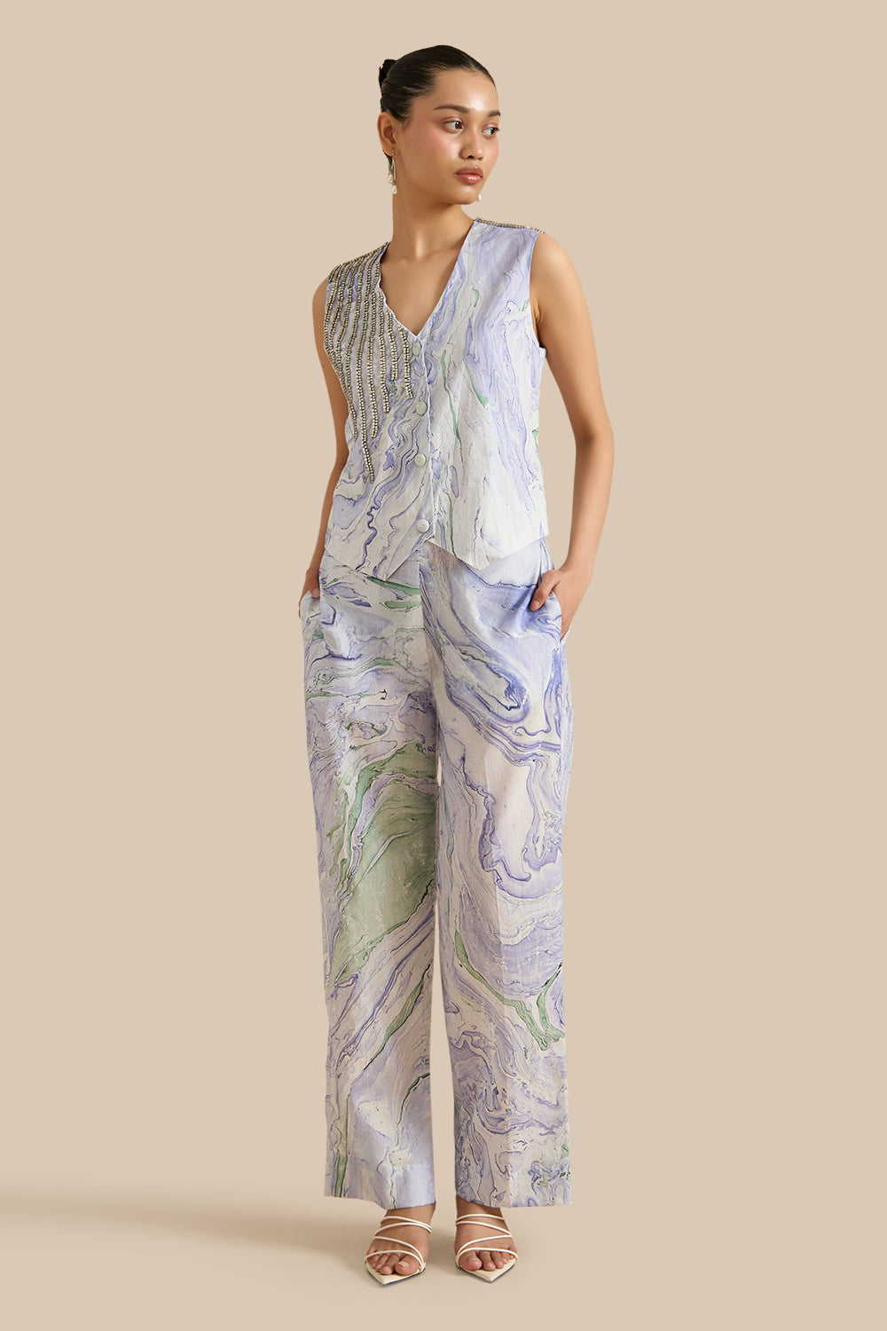 Blue Green Cotton Marble Waistcoat Set