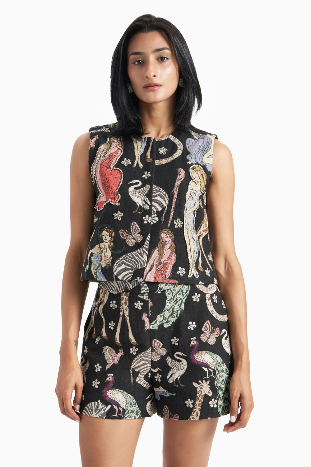 Animal Jungle Jacquard Crop Jacket Highlight with Cube Outline Embellishment Set