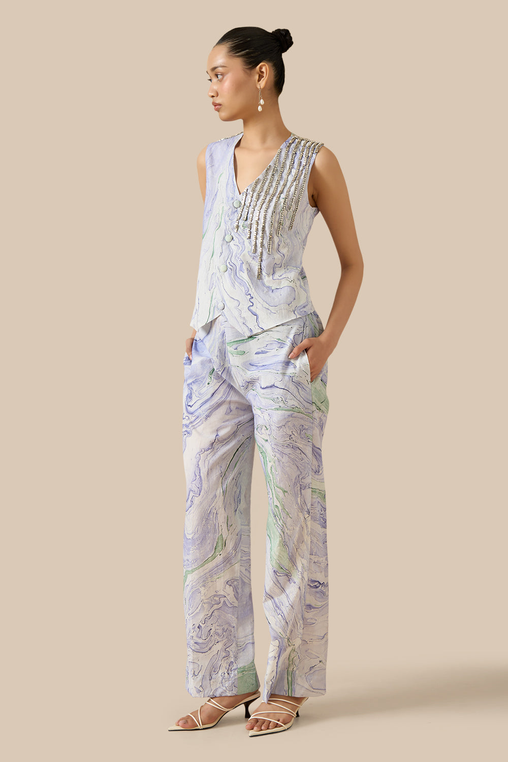 Blue Green Cotton Marble Waistcoat Set