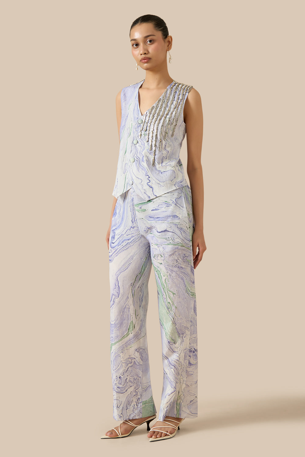 Blue Green Cotton Marble Waistcoat Set