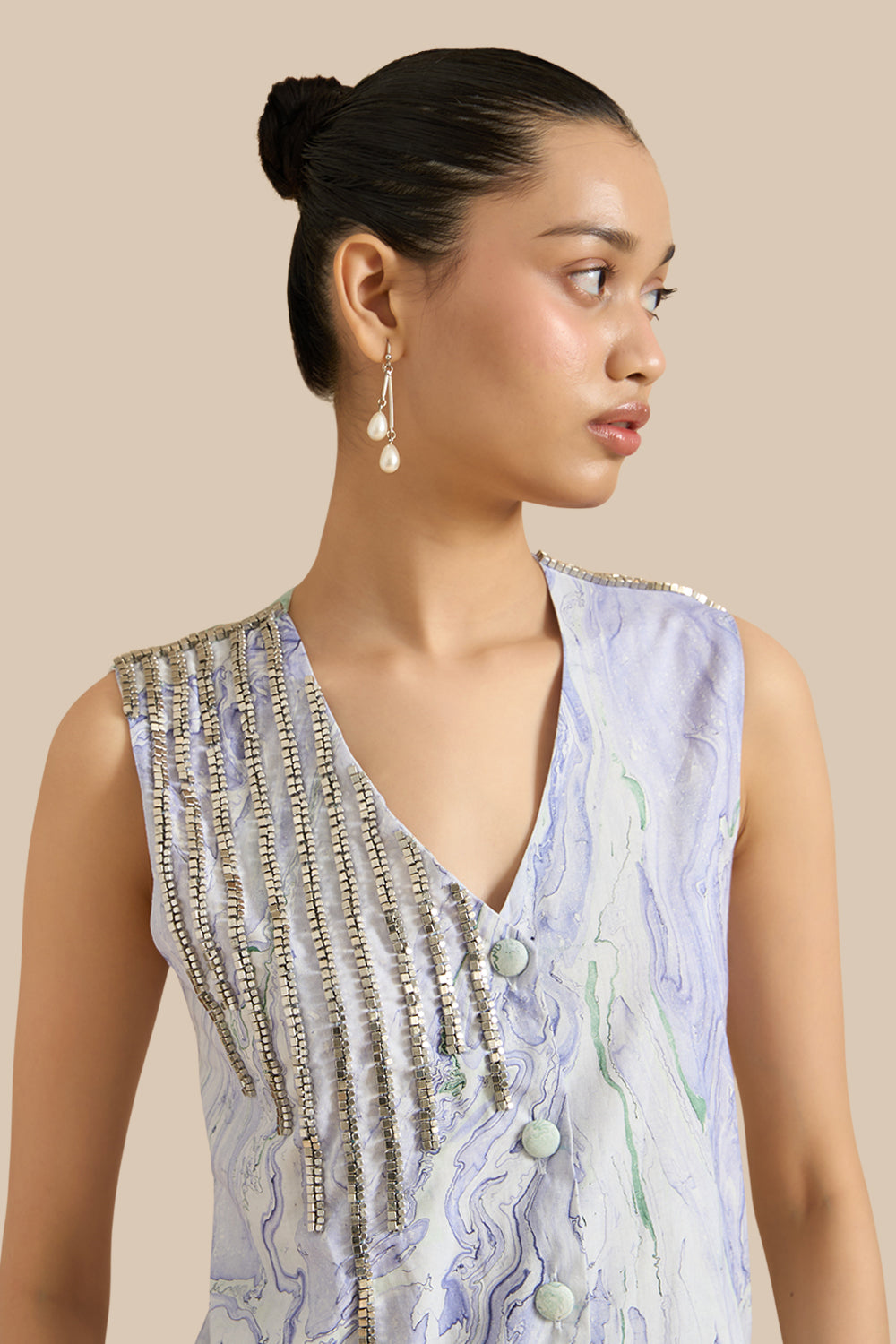 Blue Green Cotton Marble Waistcoat Set
