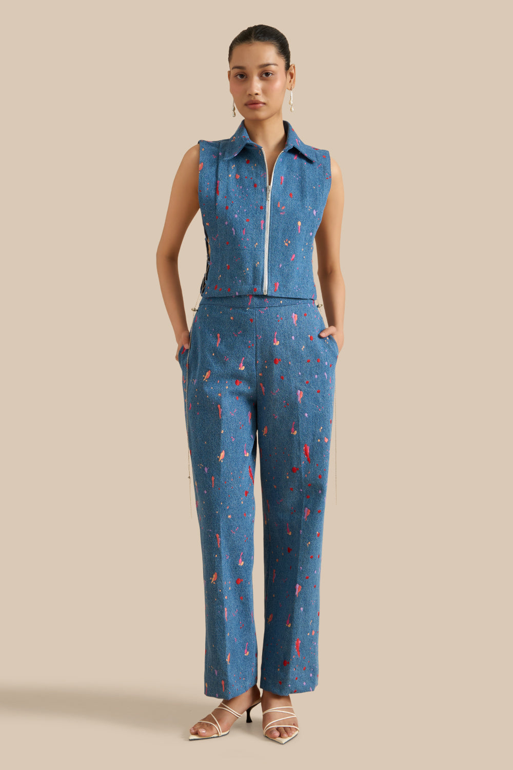 Blue Denim Embroidered Collar Pleat Bib Set