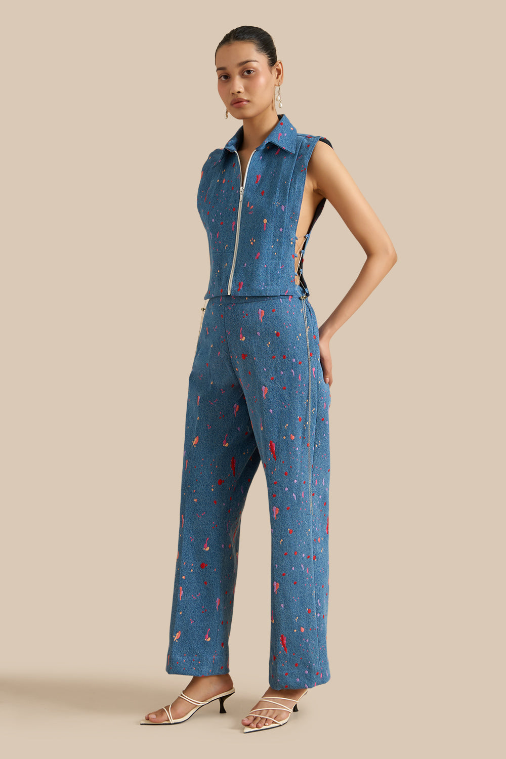 Blue Denim Embroidered Collar Pleat Bib Set