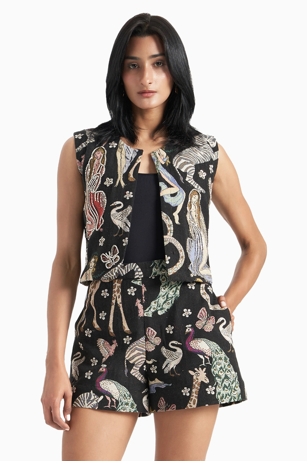 Animal Jungle Jacquard Crop Jacket Highlighted with Cube Double Outline Embellishment Set