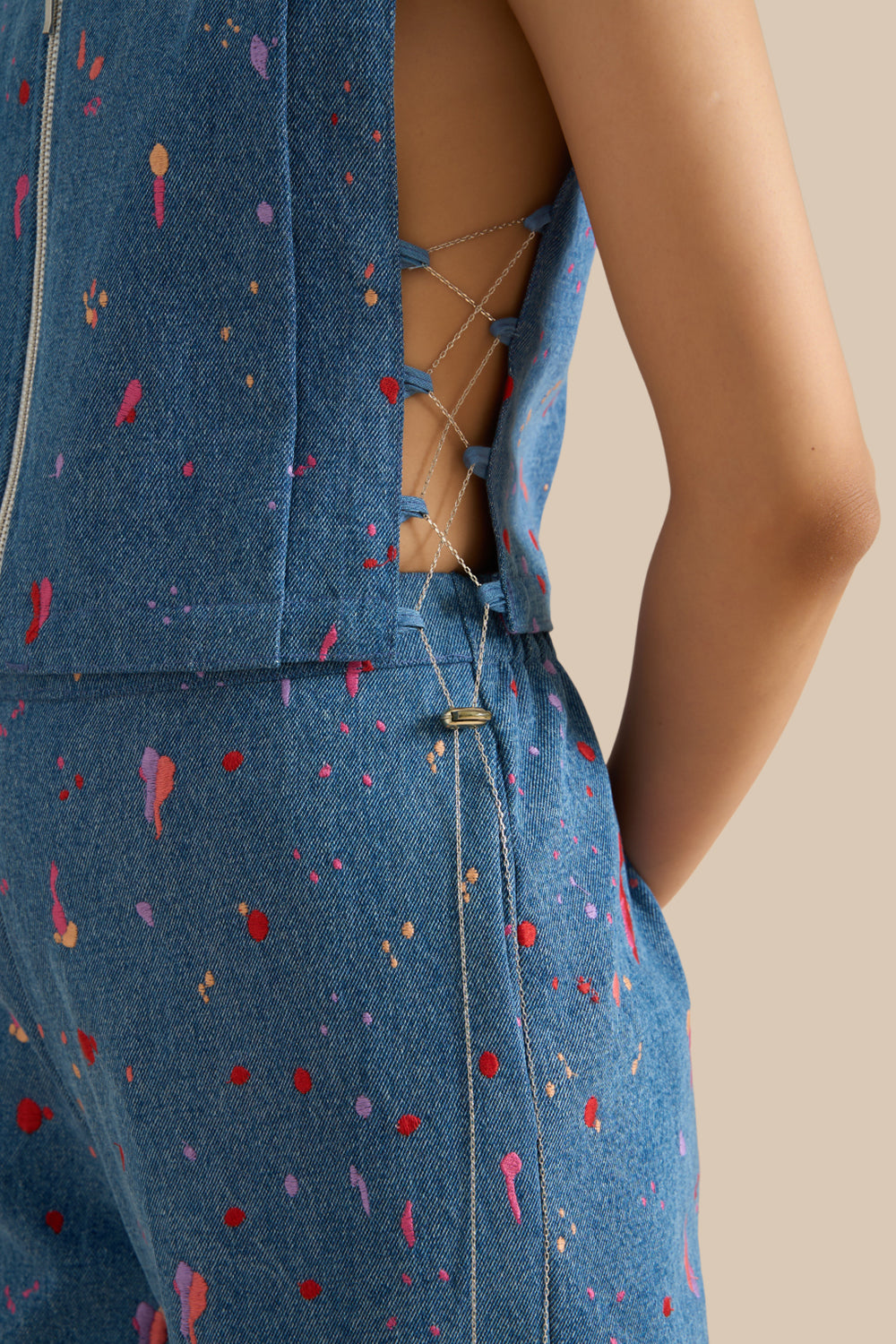 Blue Denim Embroidered Collar Pleat Bib Set