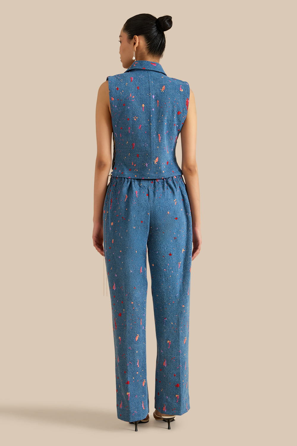 Blue Denim Embroidered Collar Pleat Bib Set