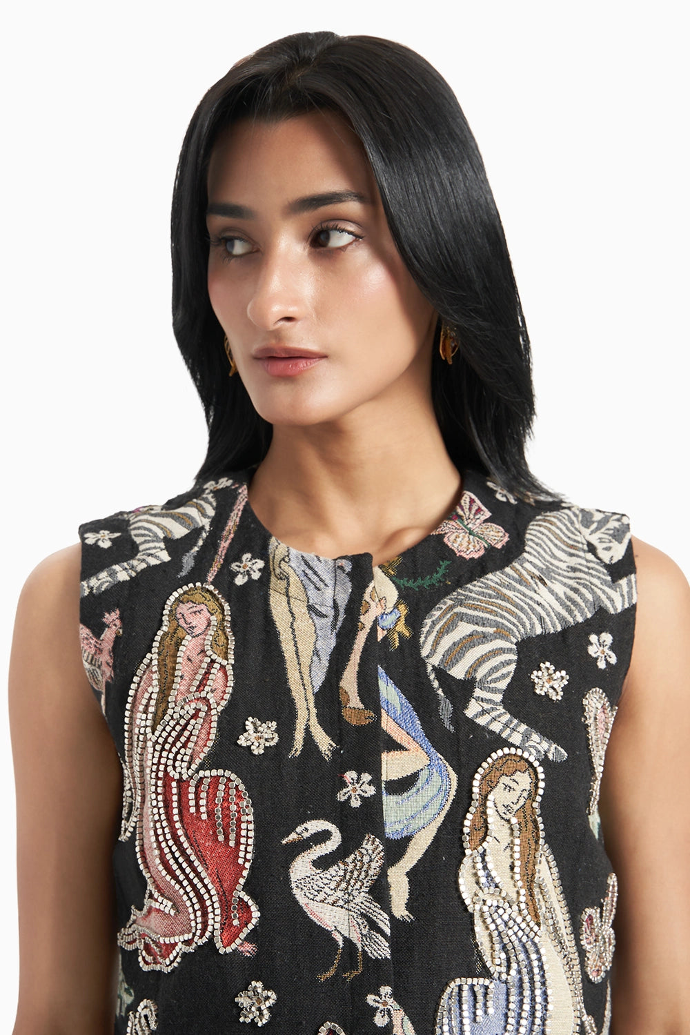 Animal Jungle Jacquard Crop Jacket Highlighted with Cube Double Outline Embellishment Set