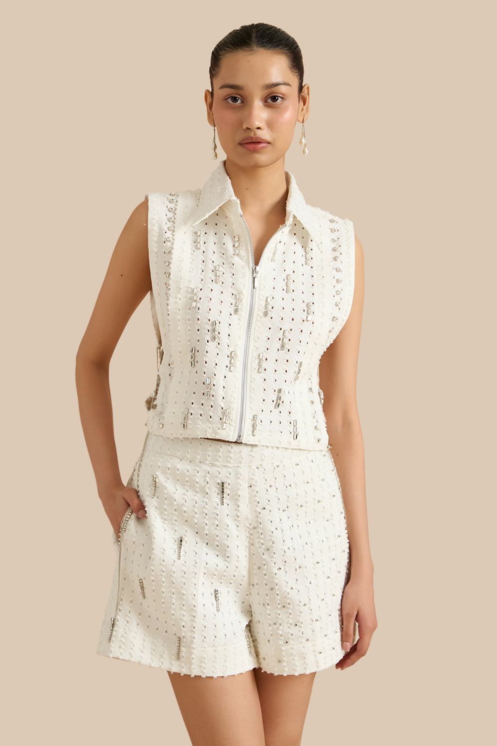 White Denim Lazercut Collar Pleat Bib Set