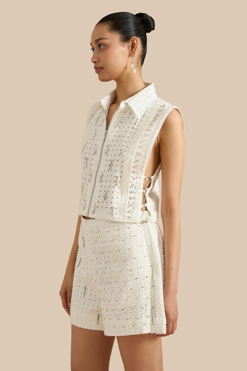 White Denim Lazercut Collar Pleat Bib Set