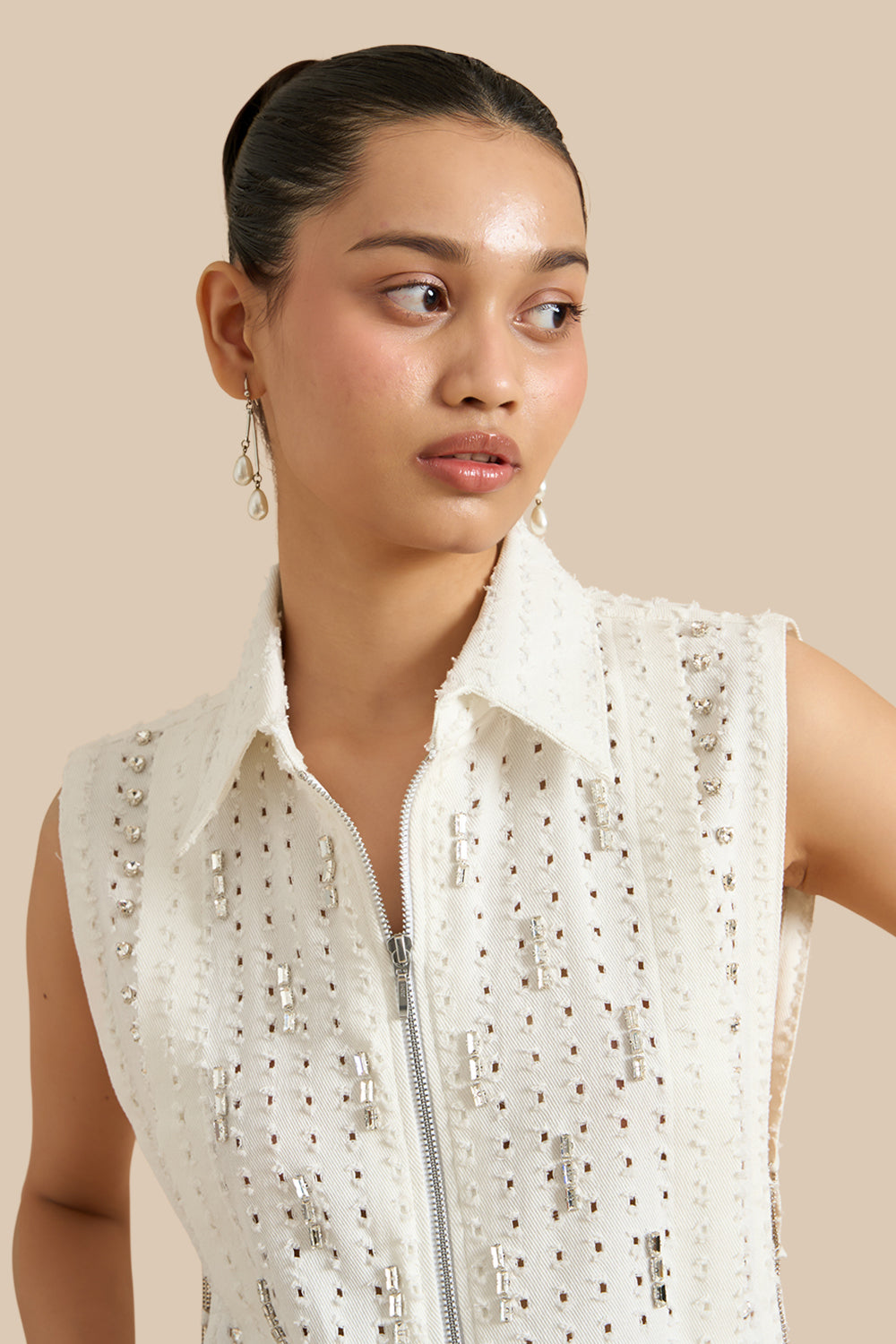 White Denim Lazercut Collar Pleat Bib Set
