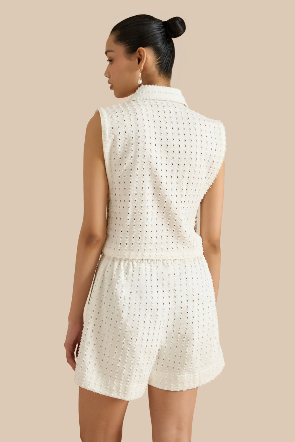 White Denim Lazercut Collar Pleat Bib Set