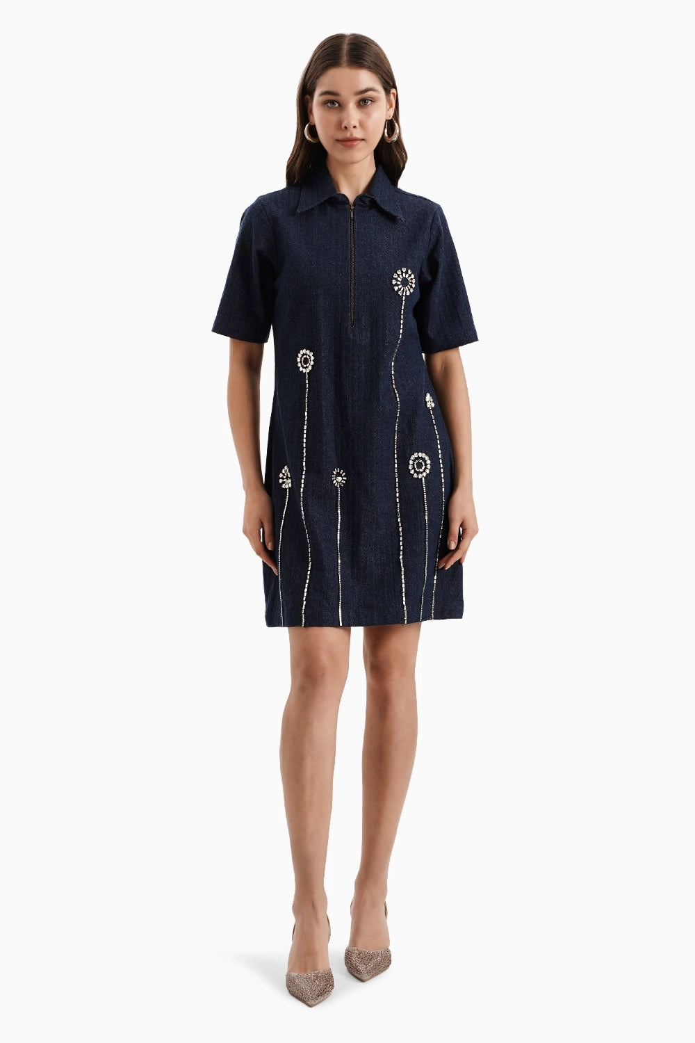 Dark Herringbone Denim Flower Dress