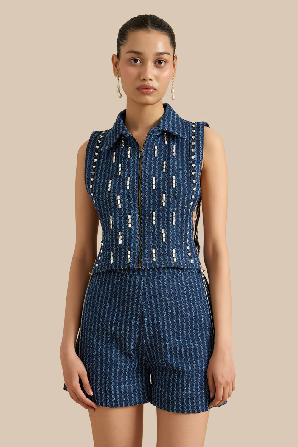 Dark Blue Denim Lazercut Collar Pleat Bib Set