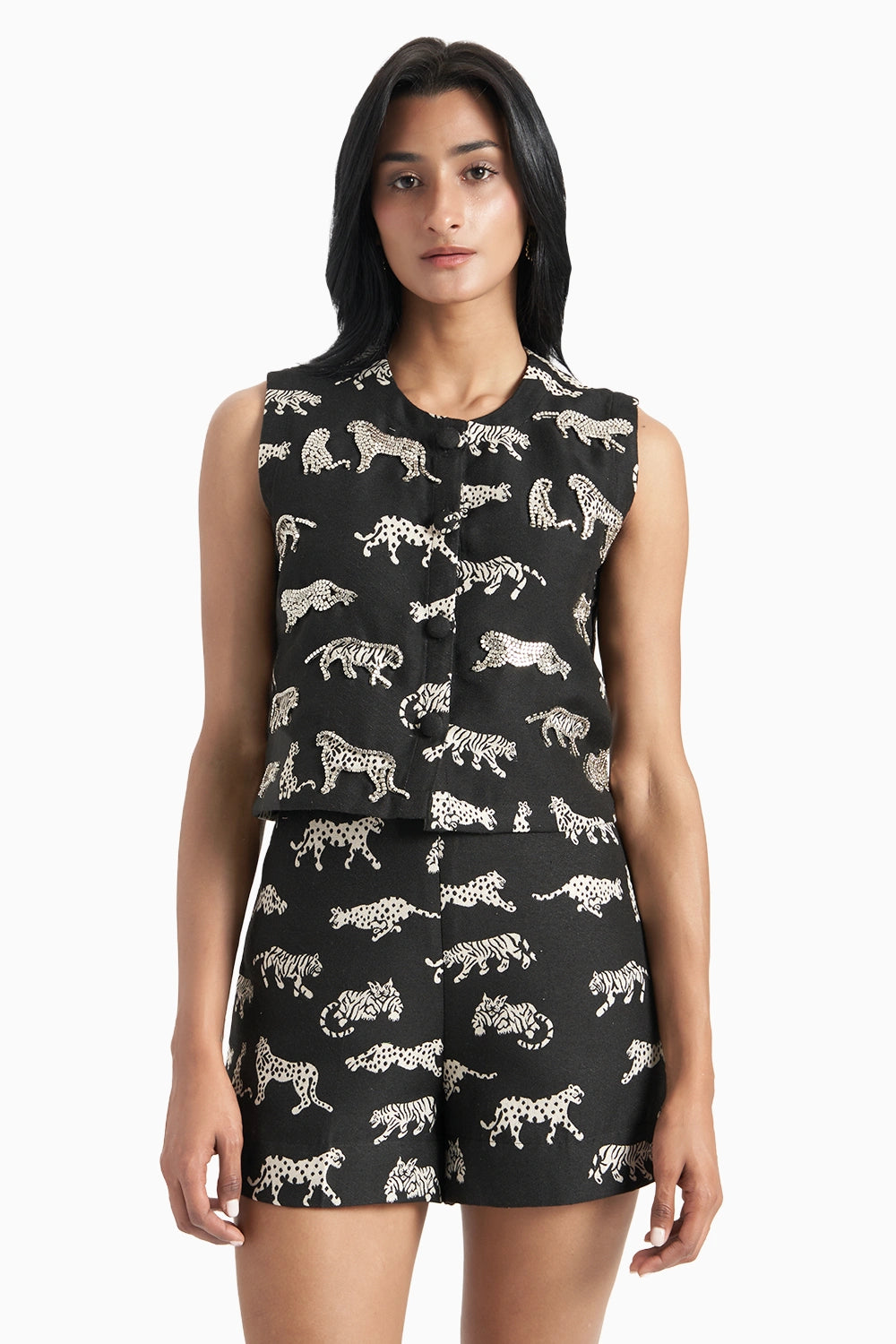 Black Leopard Jacquard Jacket Set