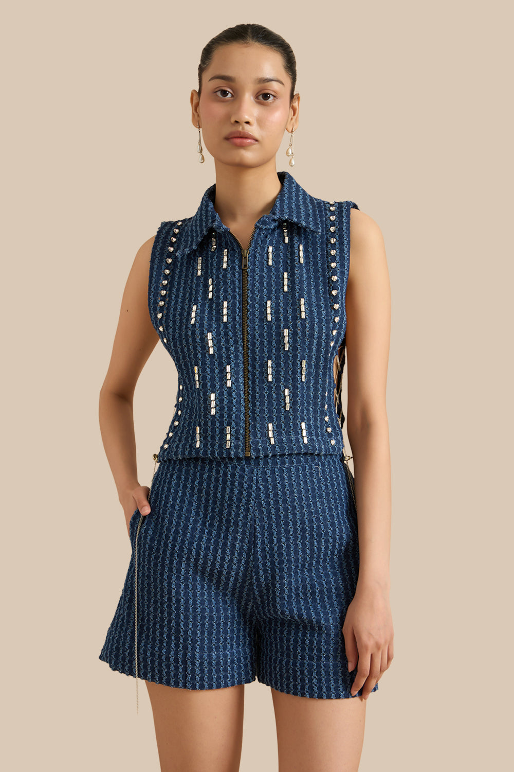 Dark Blue Denim Lazercut Collar Pleat Bib Set