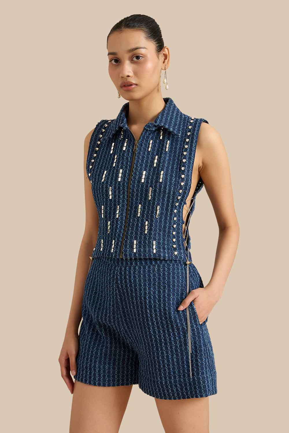 Dark Blue Denim Lazercut Collar Pleat Bib Set