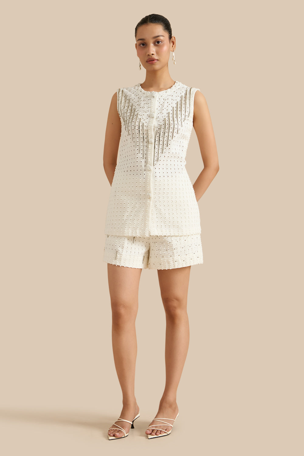 White Denim Lazercut Buttoned Shacket Set