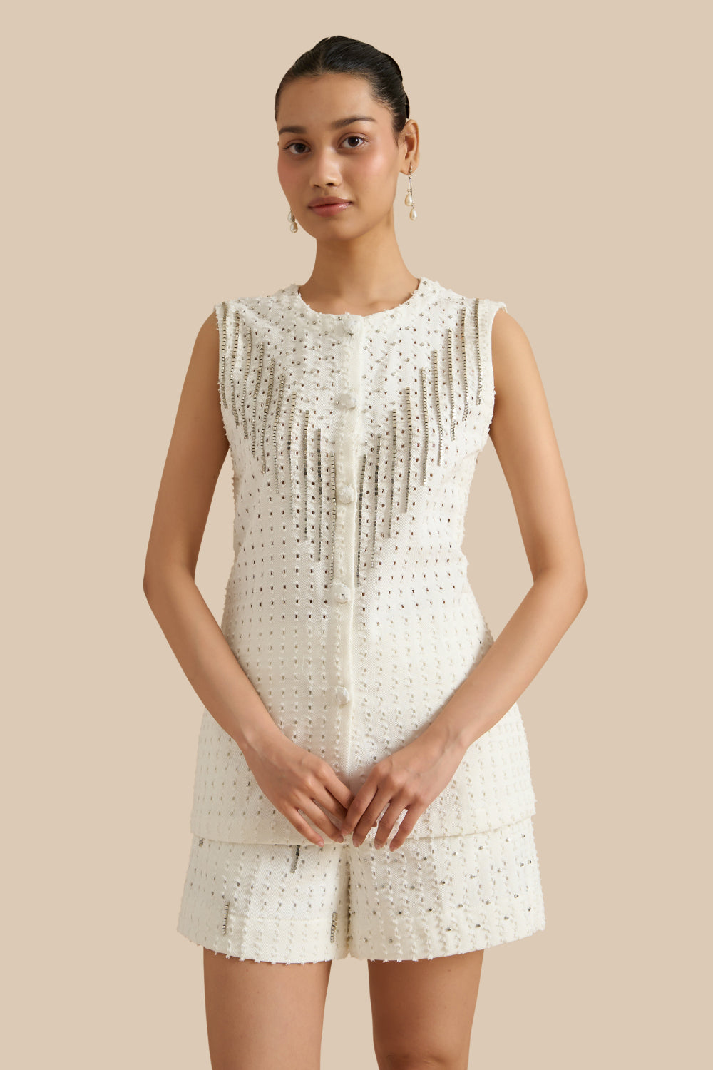 White Denim Lazercut Buttoned Shacket Set