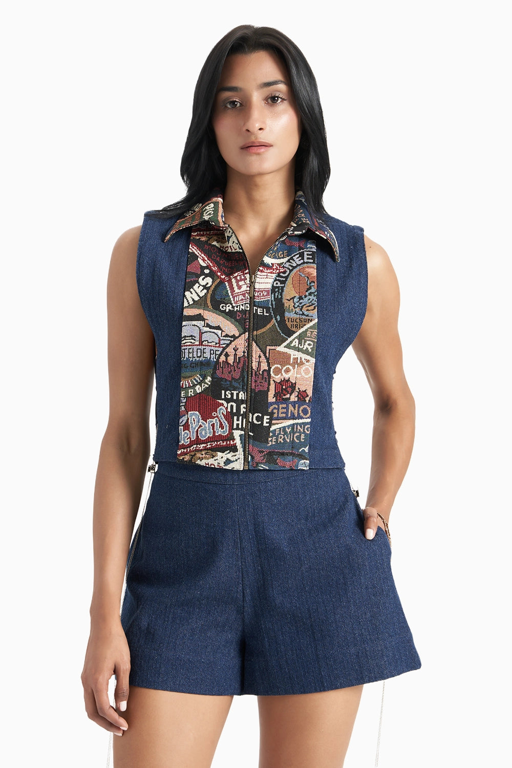 Dark Blue Denim Herringbone Bib with Stamp Jacquard Panel Set