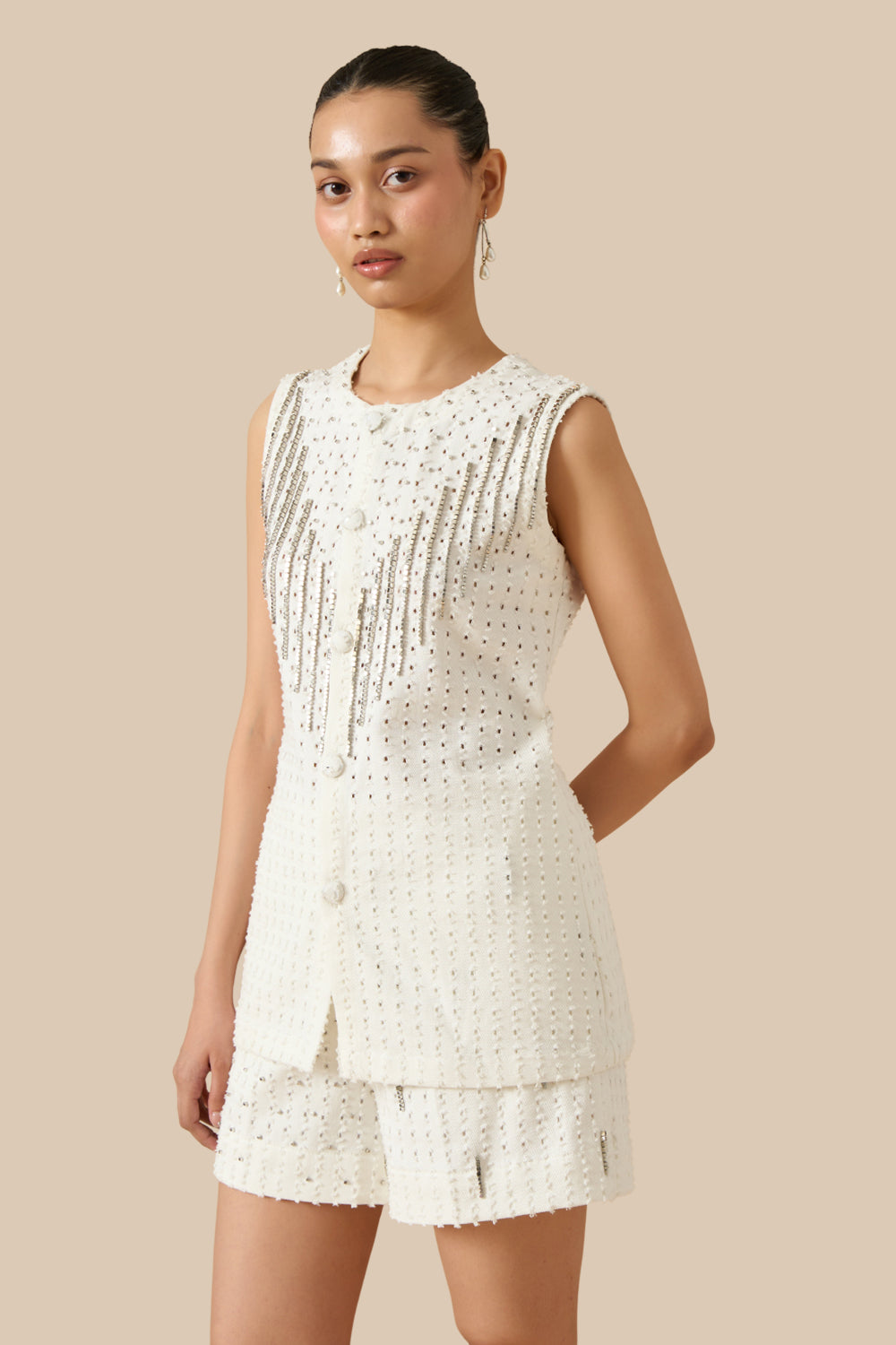 White Denim Lazercut Buttoned Shacket Set