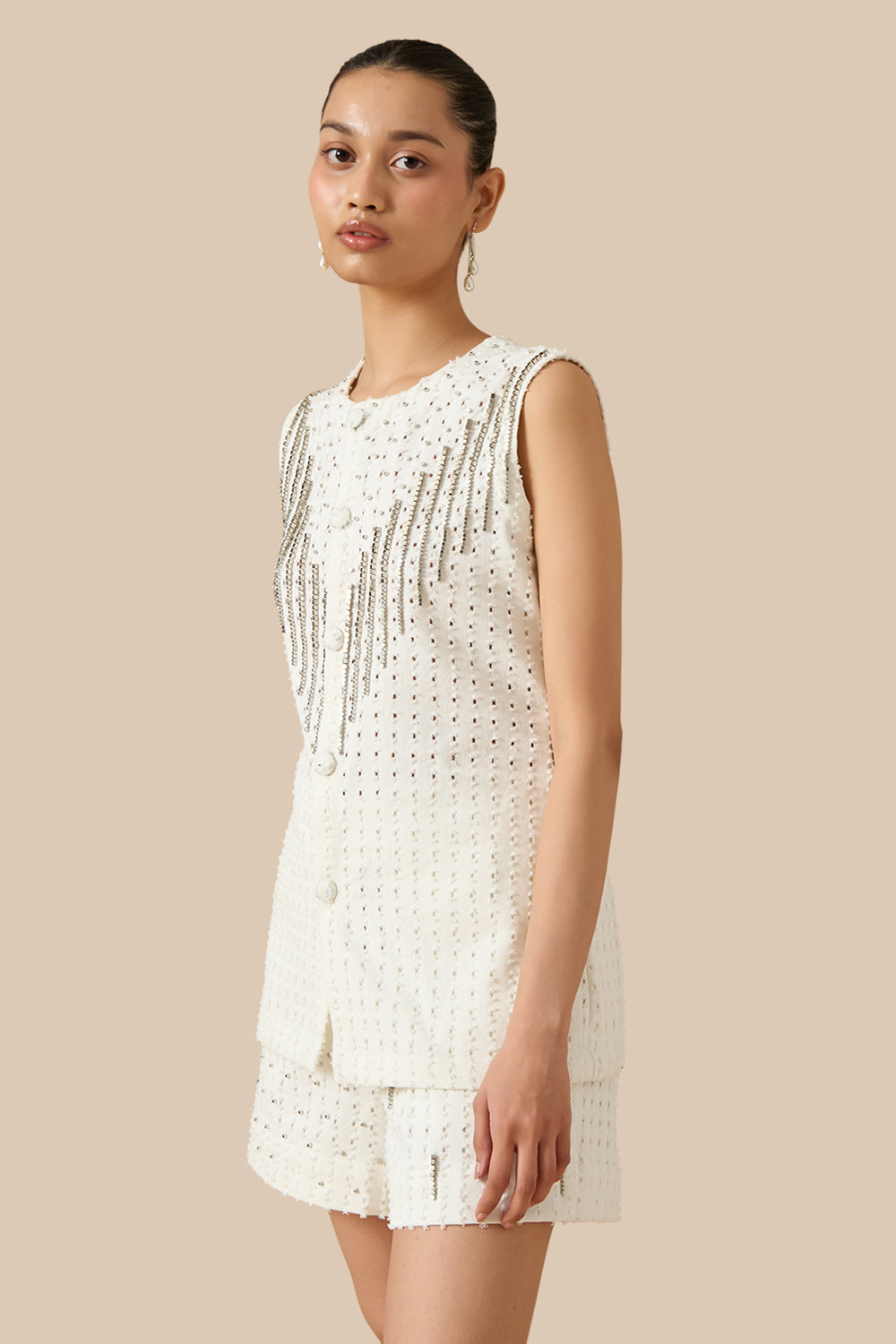White Denim Lazercut Buttoned Shacket Set