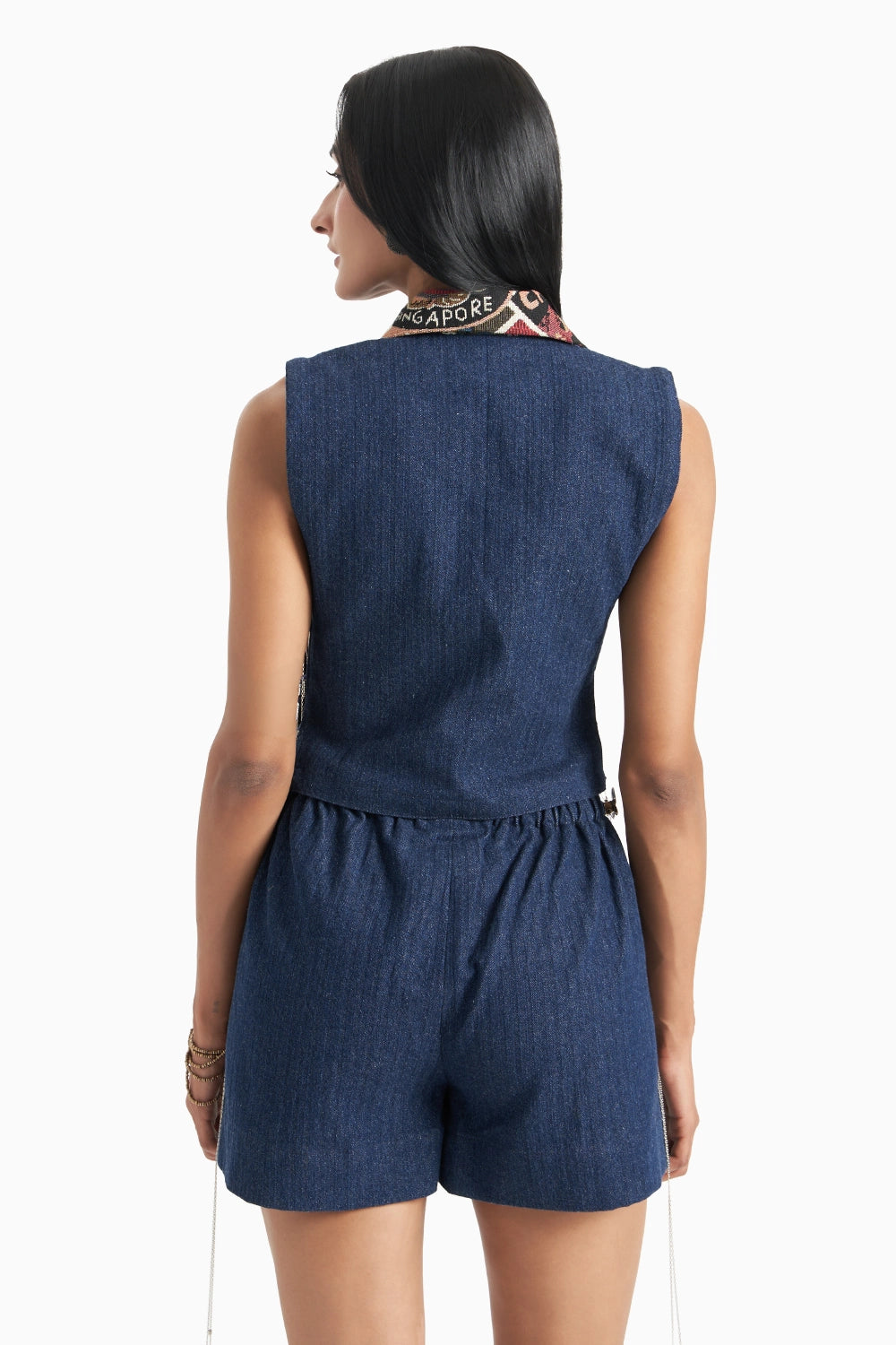 Dark Blue Denim Herringbone Bib with Stamp Jacquard Panel Set