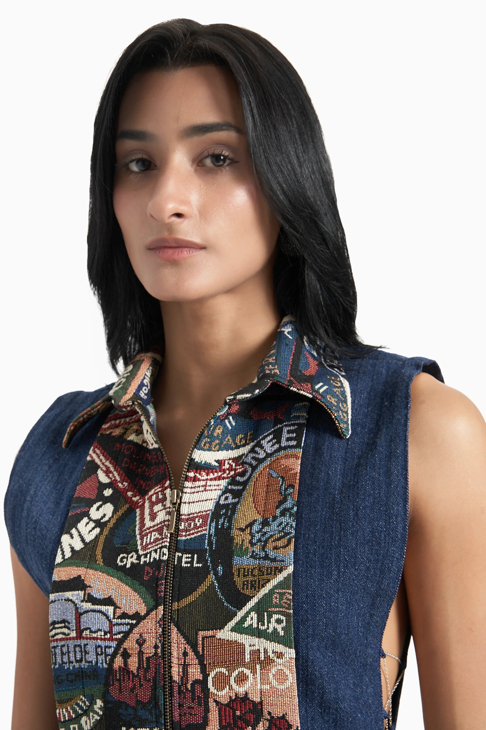 Dark Blue Denim Herringbone Bib with Stamp Jacquard Panel Set