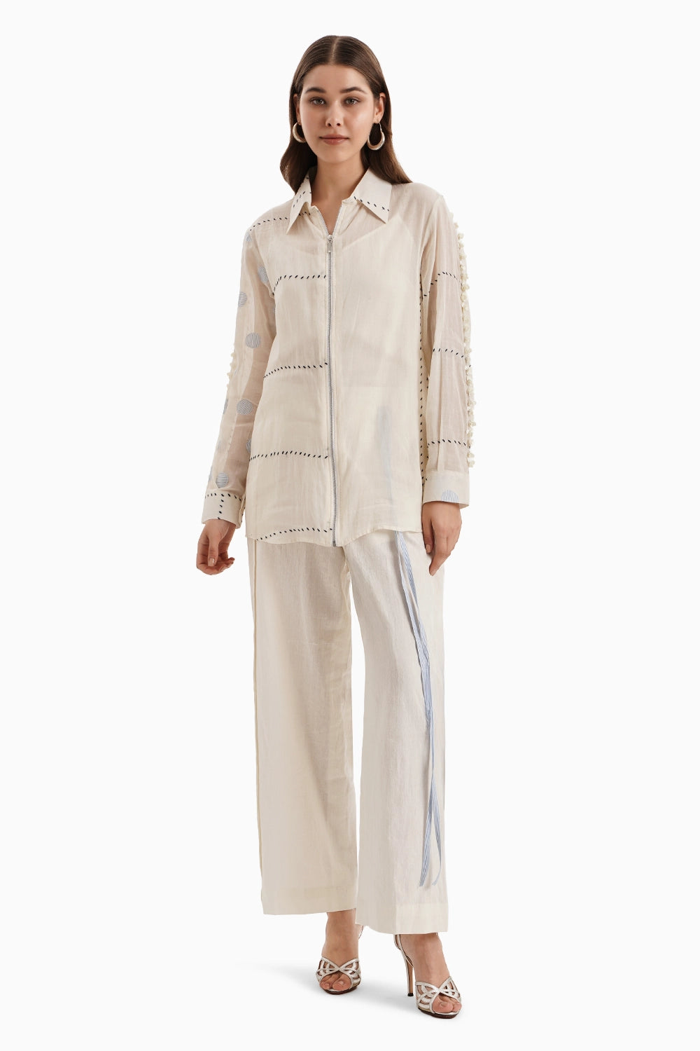 Beige Cotton Embroidered Shirt Set