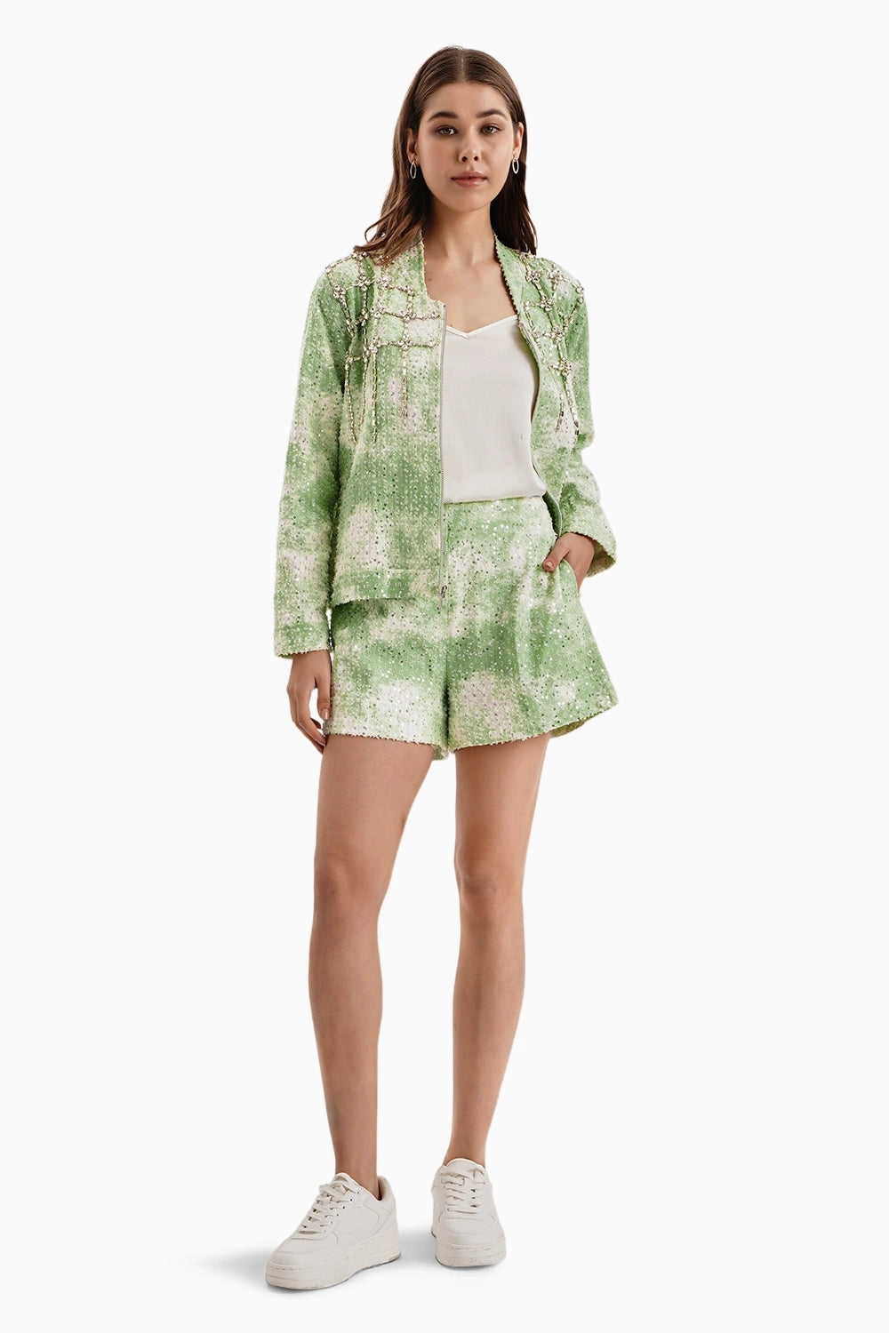 Green White Cloud Denim Jacket and Shorts