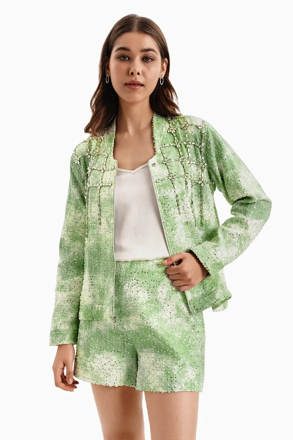 Green White Cloud Denim Jacket and Shorts