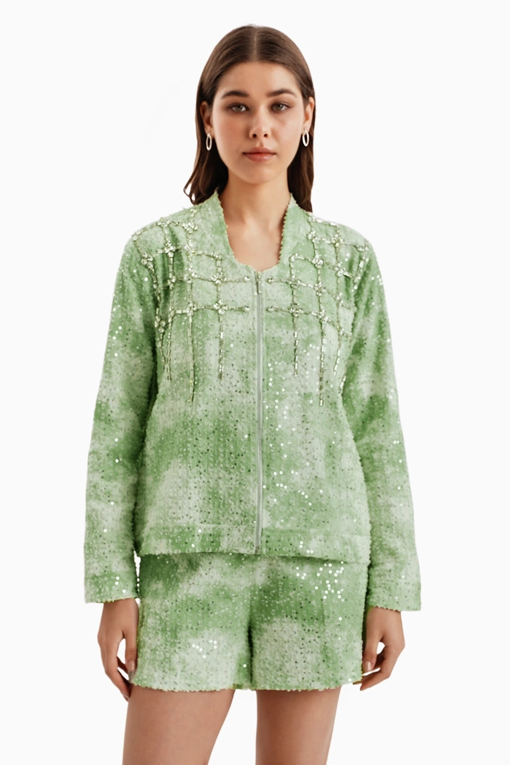 Green White Cloud Denim Jacket and Shorts