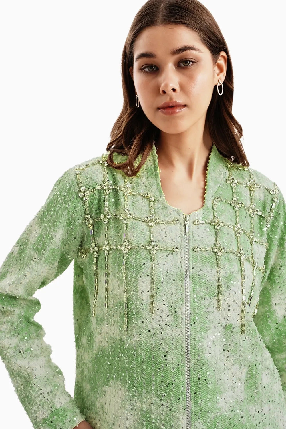 Green White Cloud Denim Jacket and Shorts