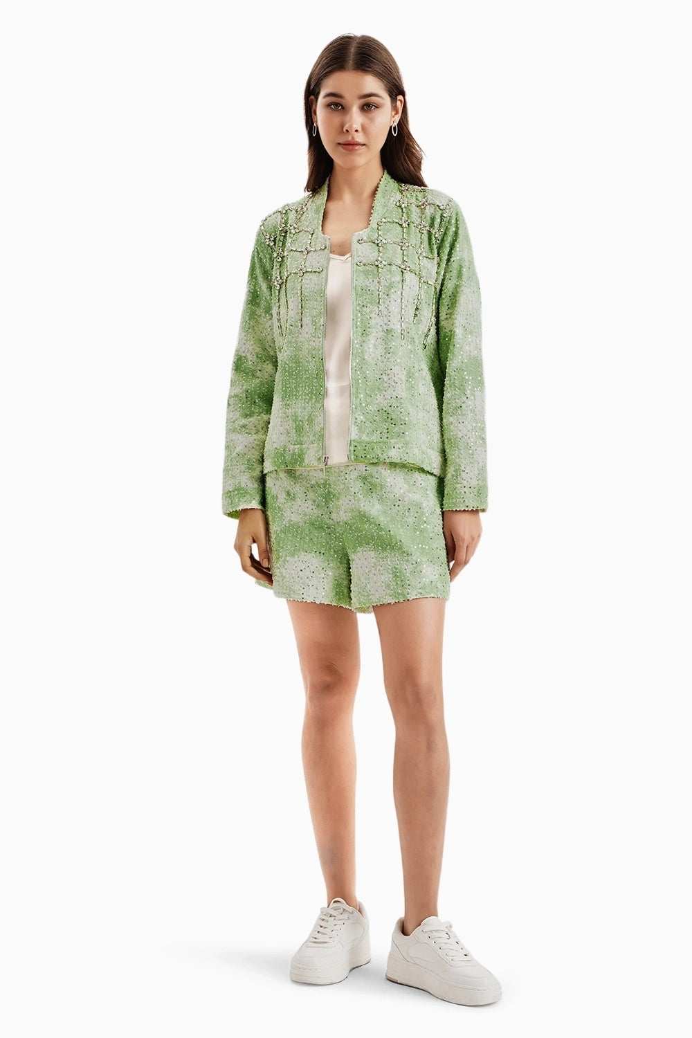 Green White Cloud Denim Jacket and Shorts