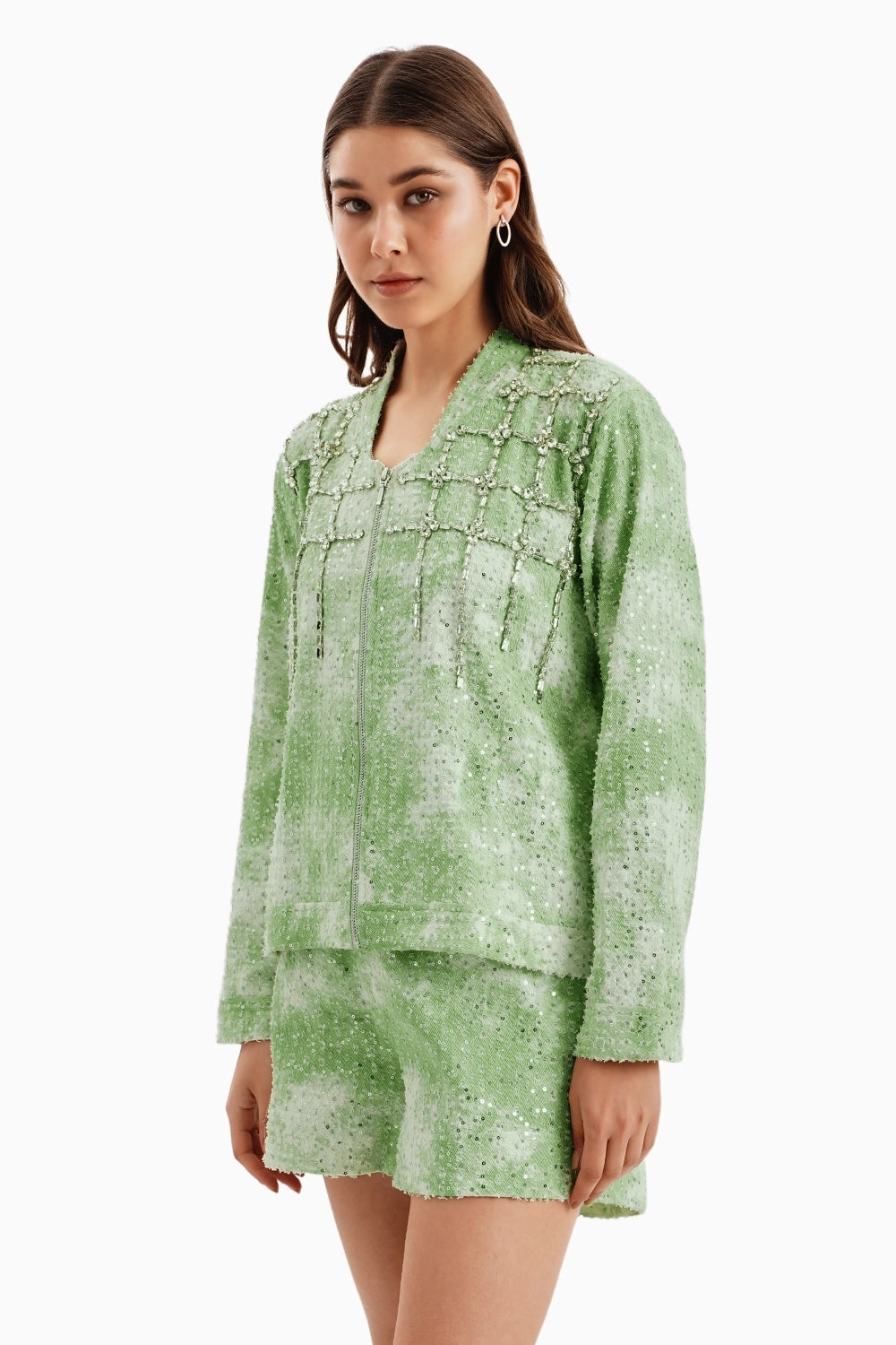 Green White Cloud Denim Jacket and Shorts