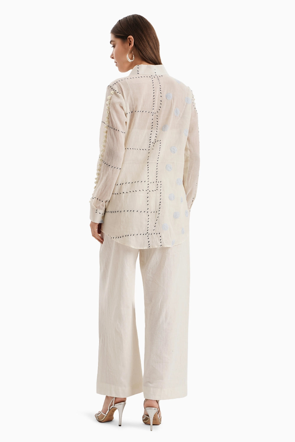 Beige Cotton Embroidered Shirt Set