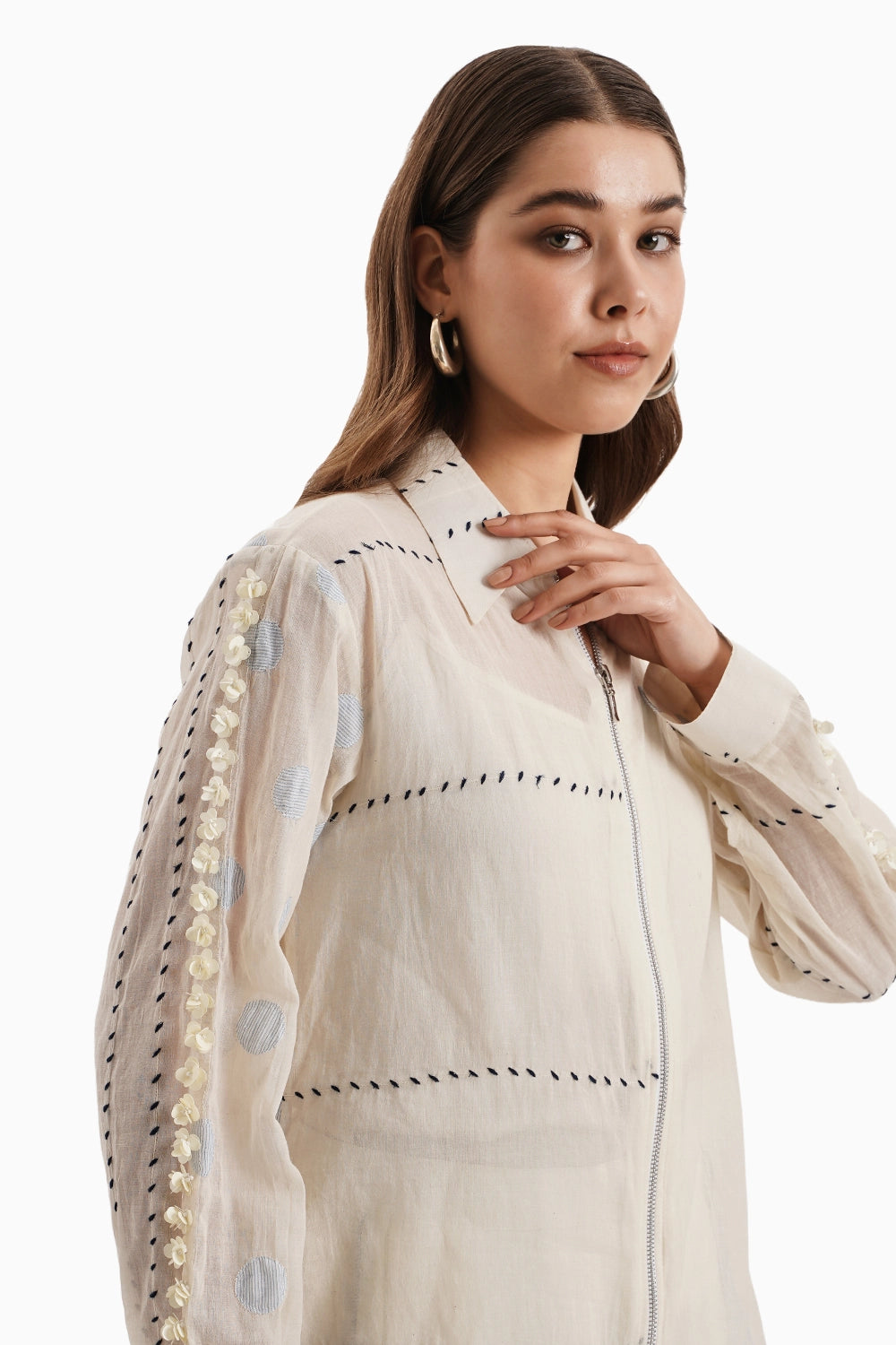 Beige Cotton Embroidered Shirt Set