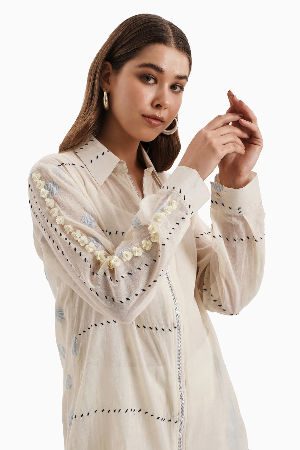 Beige Cotton Embroidered Shirt Set