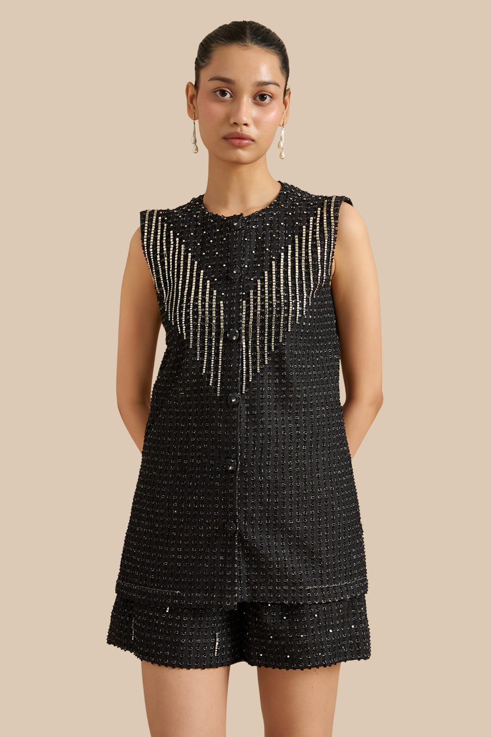 Black Denim Lazercut Buttoned Shacket Set