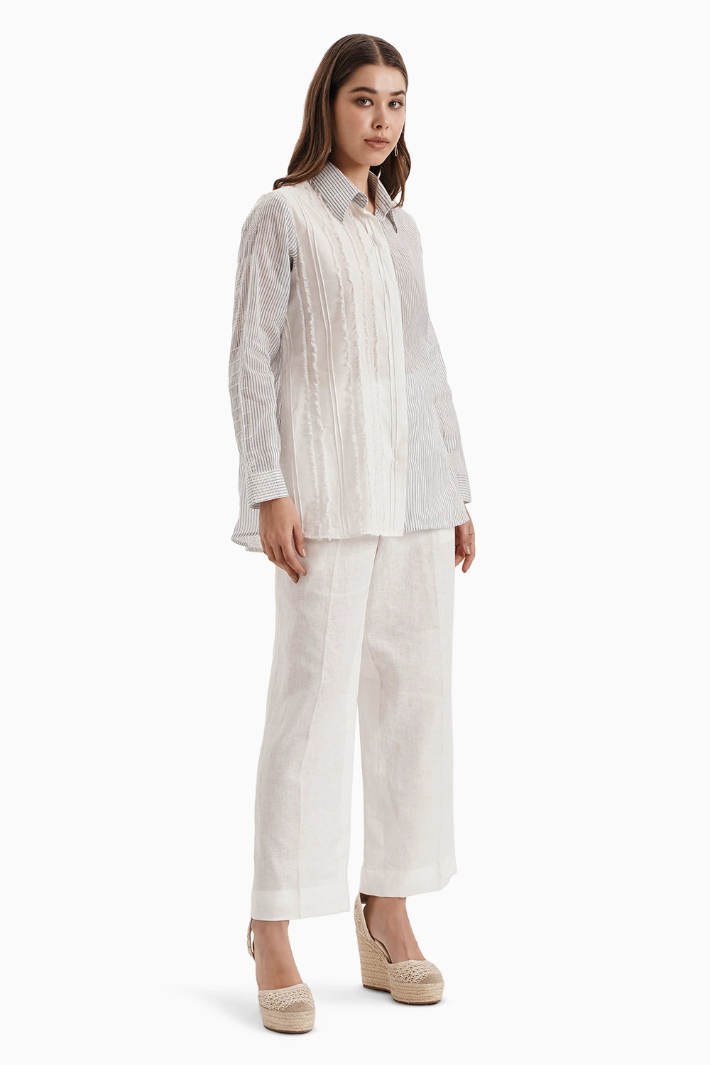 White Panel Cotton Shirt Set