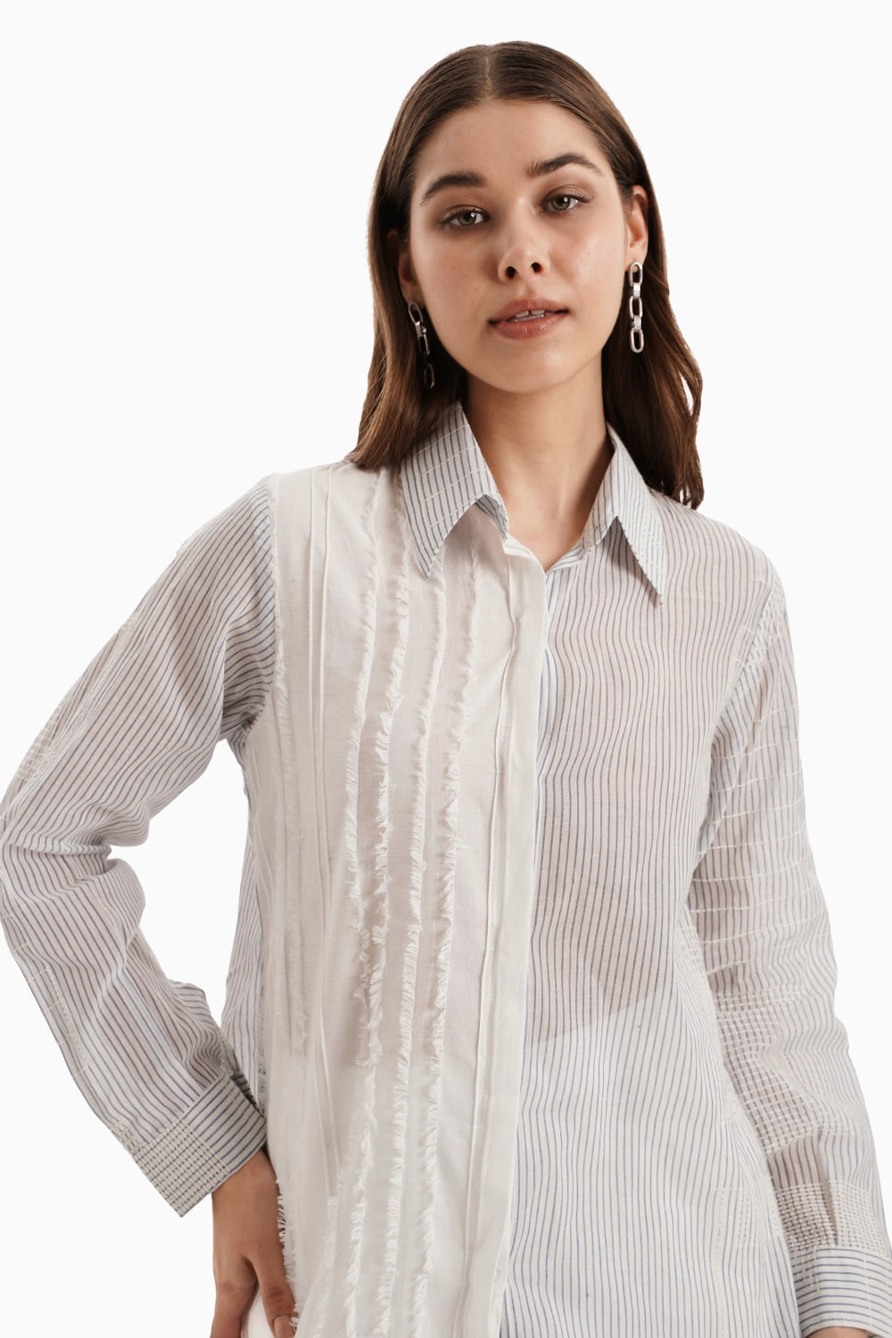 White Panel Cotton Shirt Set