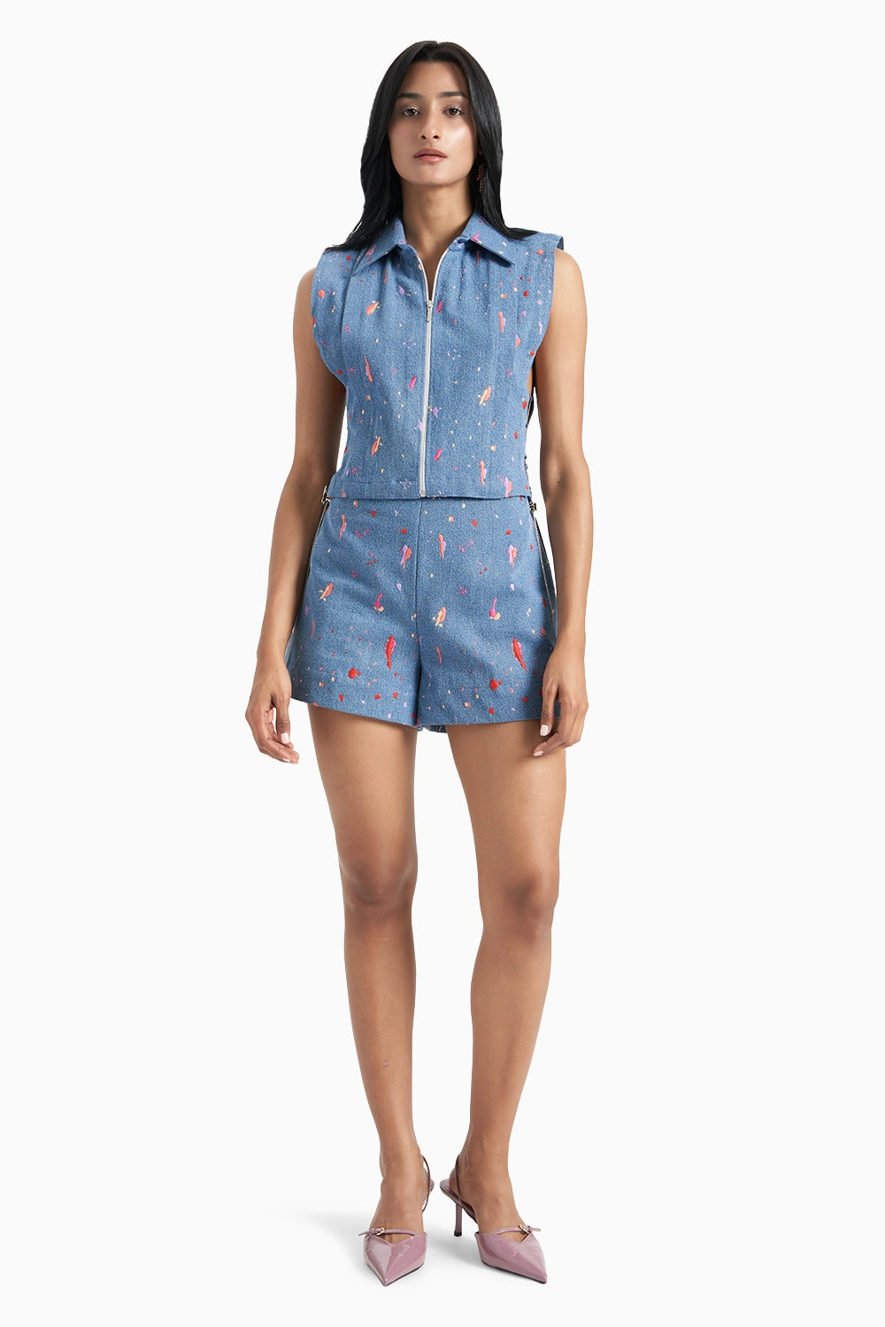 Blue Denim Embroidered Pleated Collared Bib Set