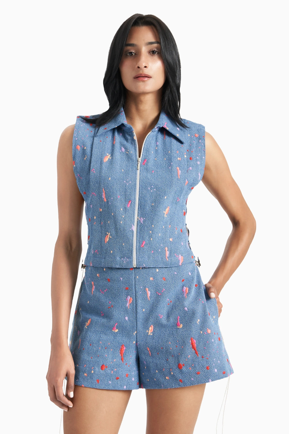 Blue Denim Embroidered Pleated Collared Bib Set