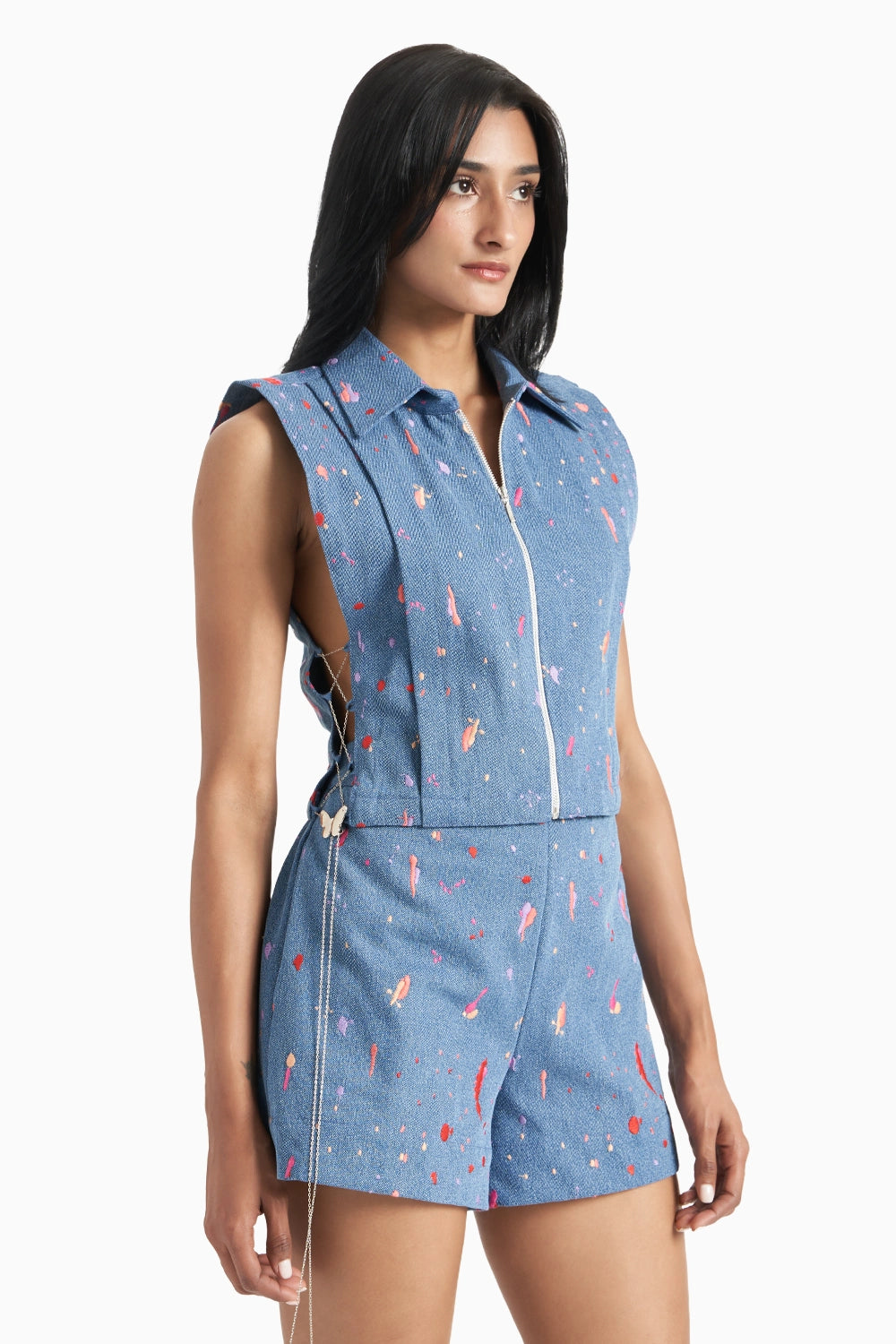 Blue Denim Embroidered Pleated Collared Bib Set