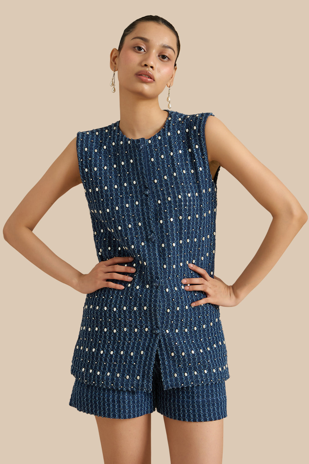 Dark Blue Denim Lazercut Shacket Set