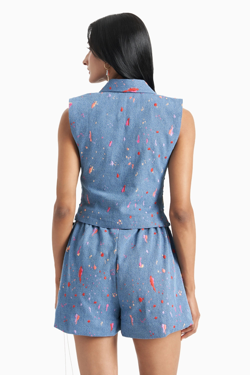 Blue Denim Embroidered Pleated Collared Bib Set