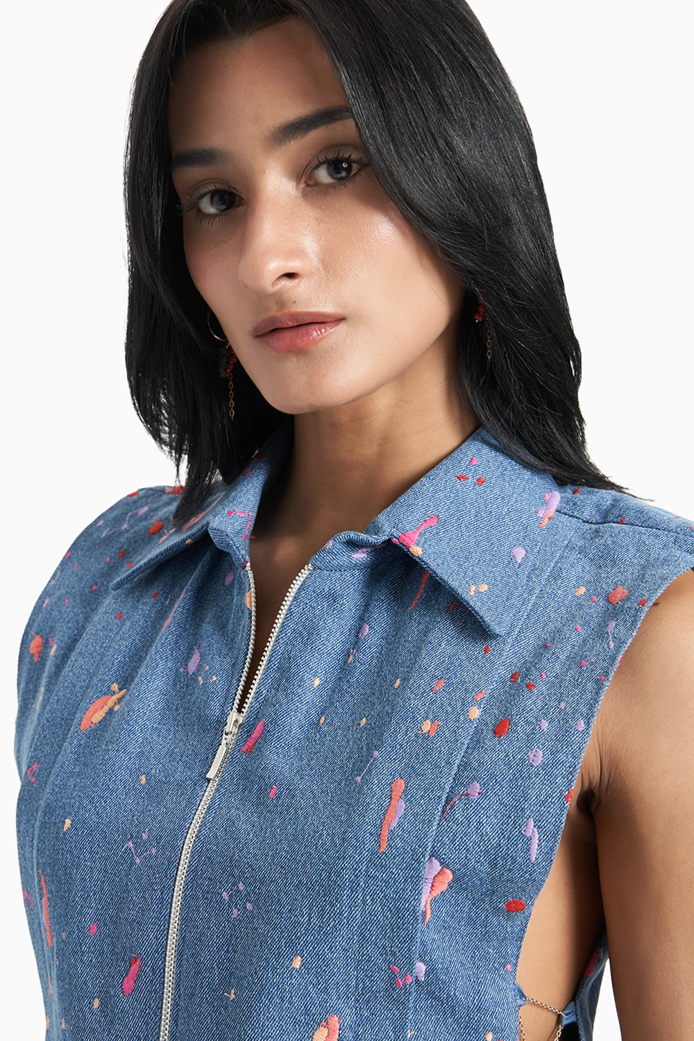 Blue Denim Embroidered Pleated Collared Bib Set