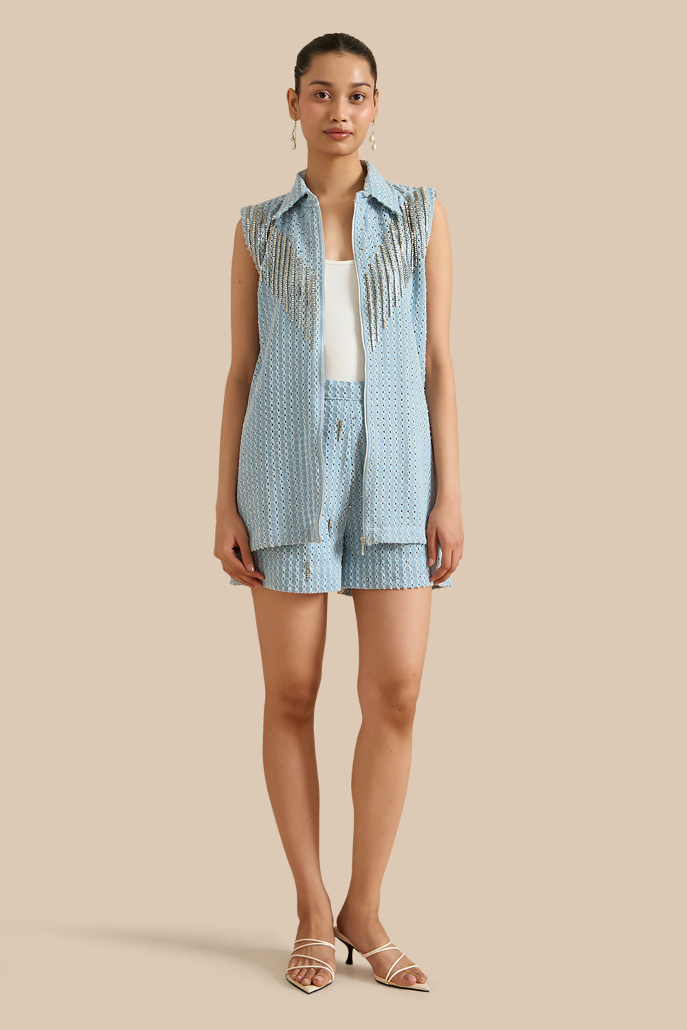 Light Blue Denim Lazercut Buttoned Shacket Set