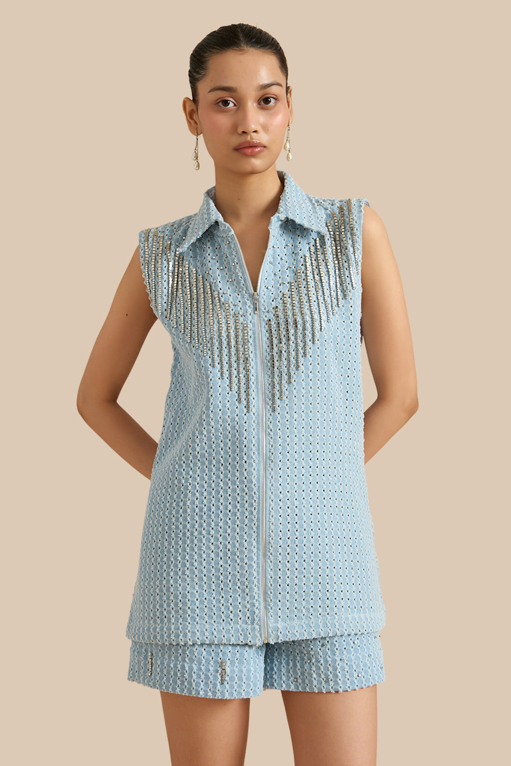 Light Blue Denim Lazercut Buttoned Shacket Set