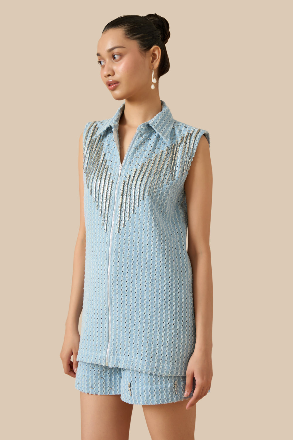 Light Blue Denim Lazercut Buttoned Shacket Set