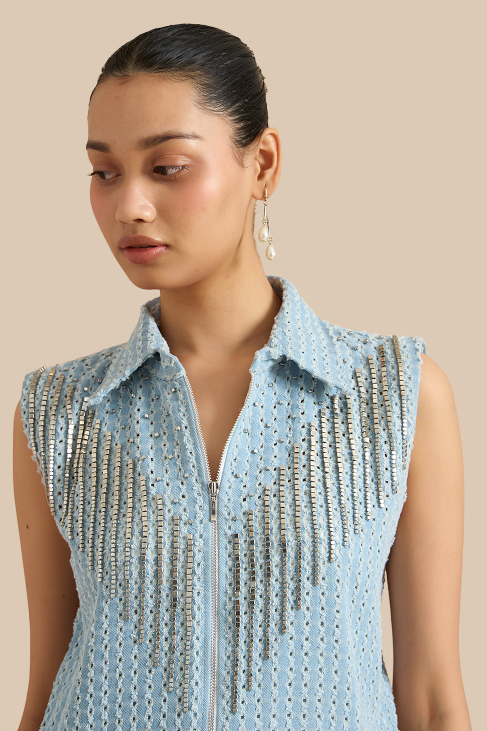 Light Blue Denim Lazercut Buttoned Shacket Set